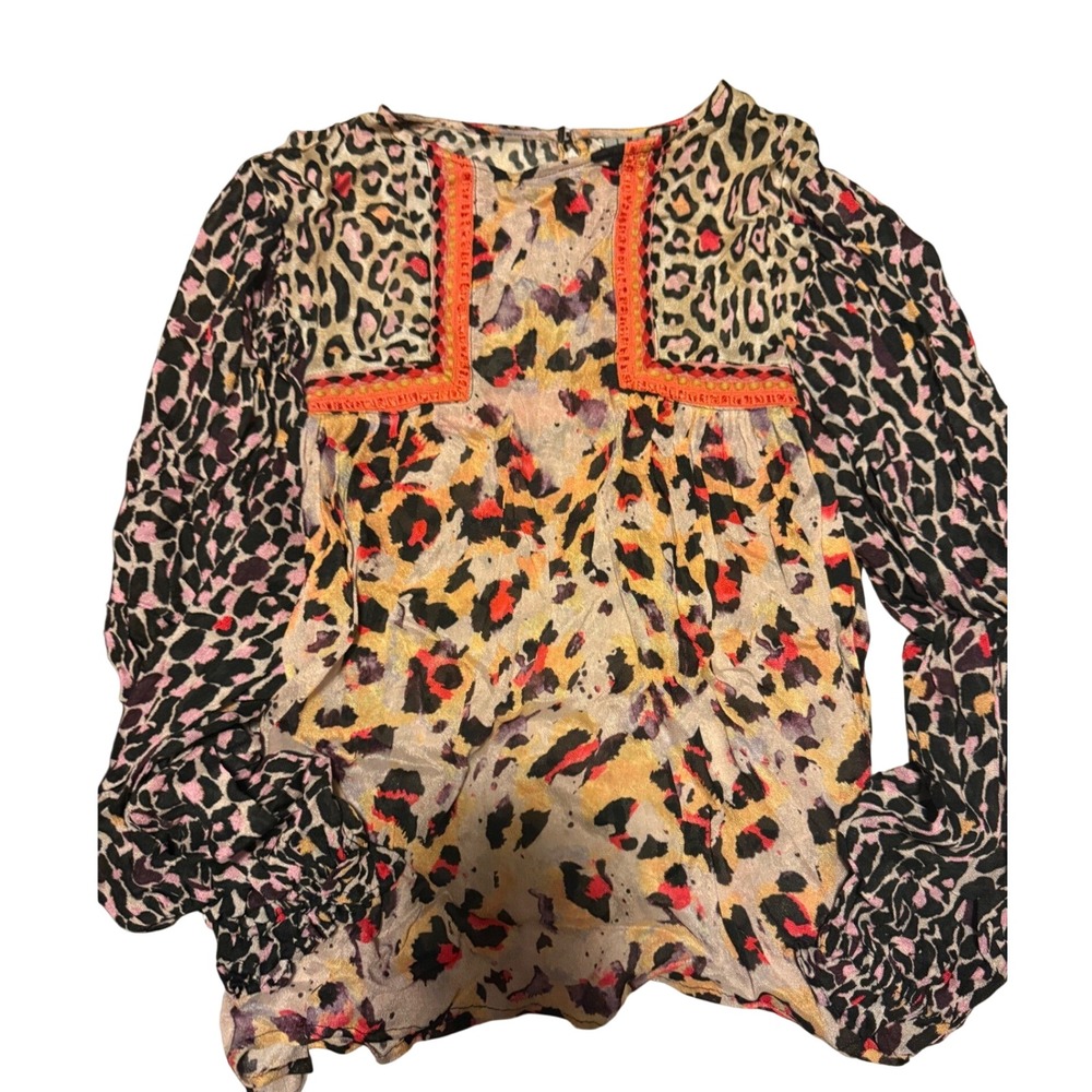 Blank London Leopard Print Embroidered Long Sleeve Blouse XS Mixed Animal Print
